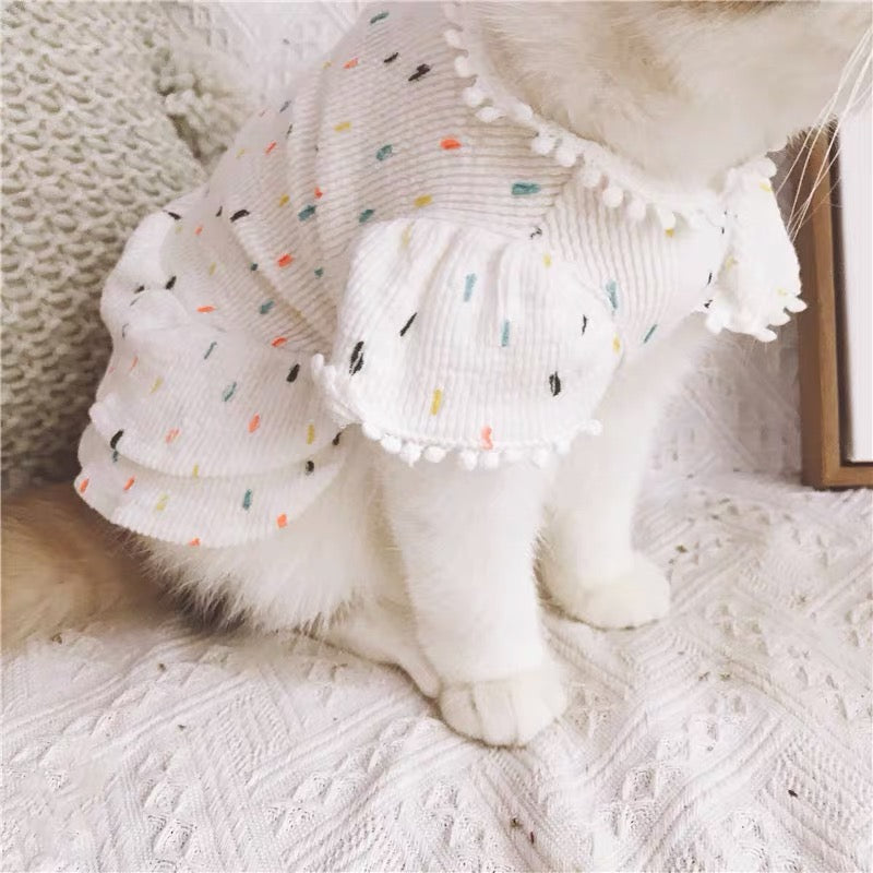 Colour Dot White Dress with Puff Sleeve